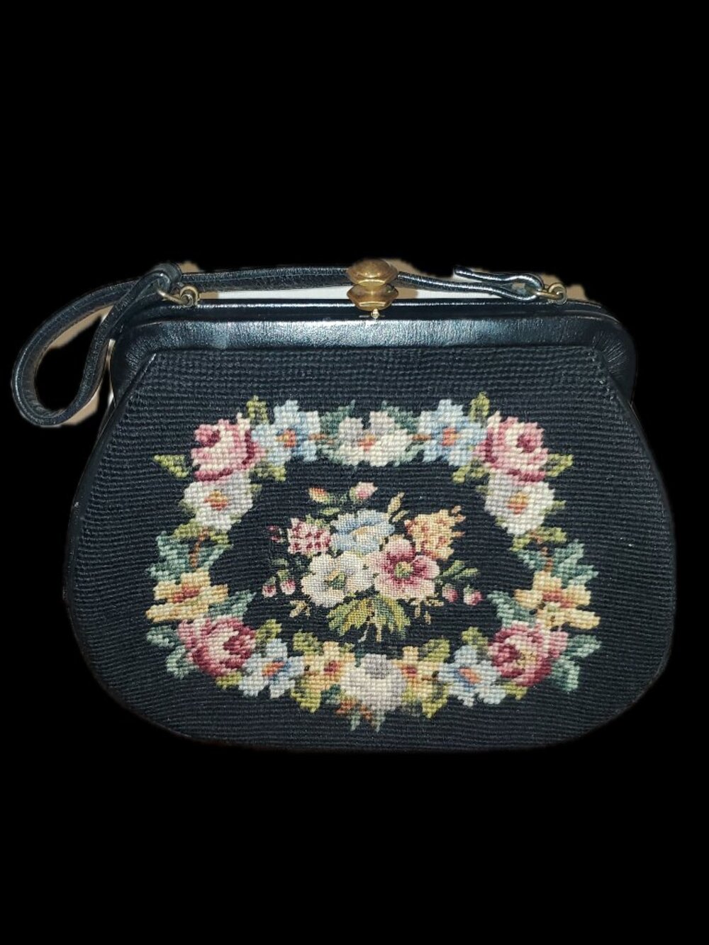 Vintage Floral Needlepoint Tapestry Purse Metal Clasp Leather Straps